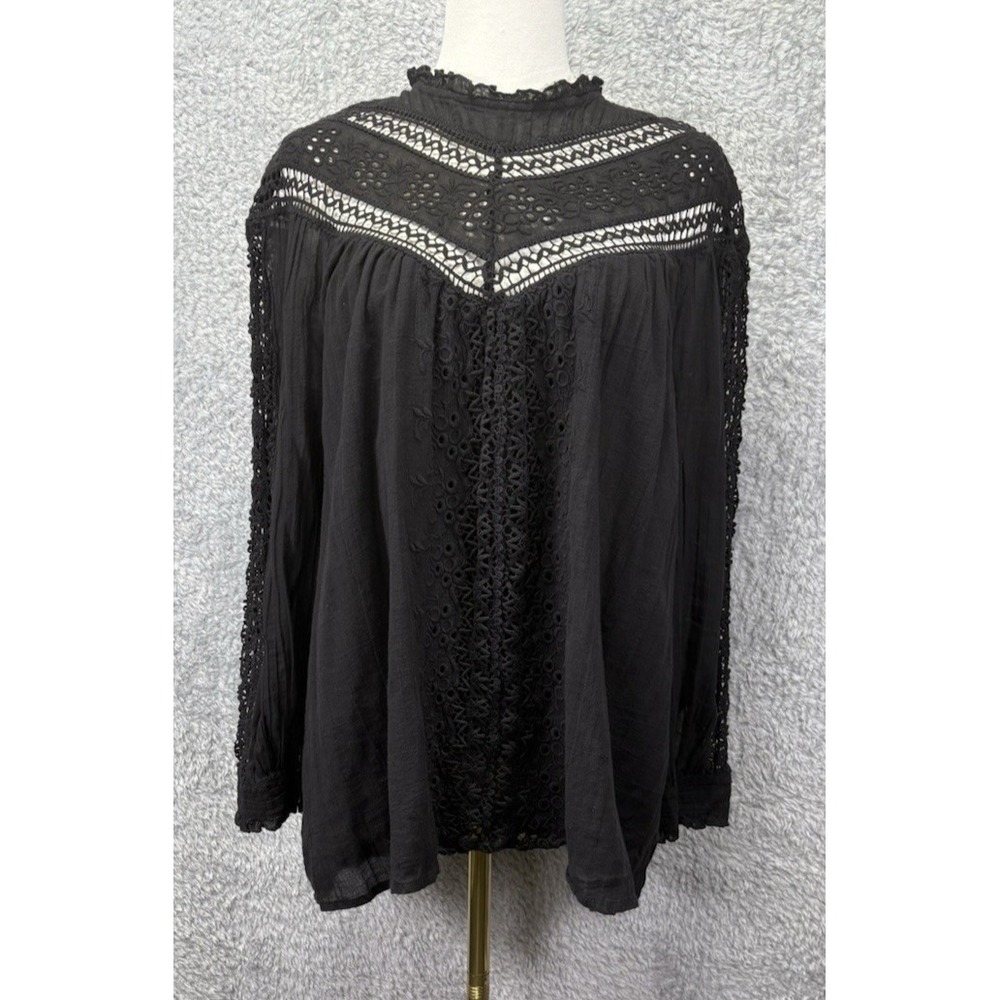 Sundance Women's Medium Black Peasant Top Crochet Trim High Neck Button Long Sle
